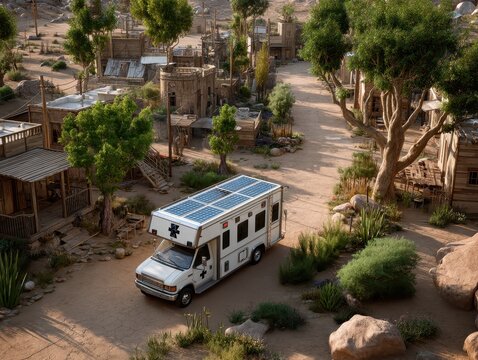 Solar-powered ambulance in desert village at daytime.