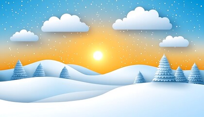 Winter landscape with snow-covered hills, clouds, and sunrise