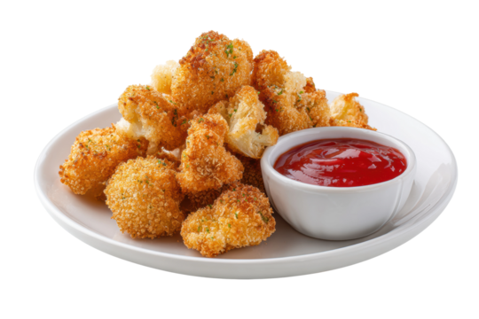 PNG Crispy fried cauliflower bites with ketchup on a white plate