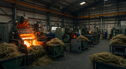 Fototapeta premium Inside Industrial Plant Heavy Machinery Processing Natural Fibers
