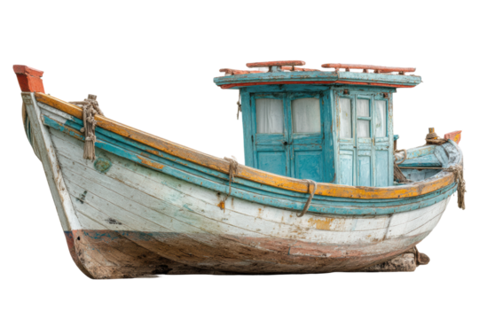 PNG Weathered wooden fishing boat with blue cabin isolated on black background - Powered by Adobe