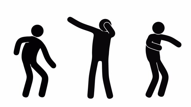 Stickman Celebrating Joyfully - Victory Animation. Stick figure joyfully celebrating with dynamic body gestures: raising hand in victory, shaking hands in excitement, and expressing clenched fists.