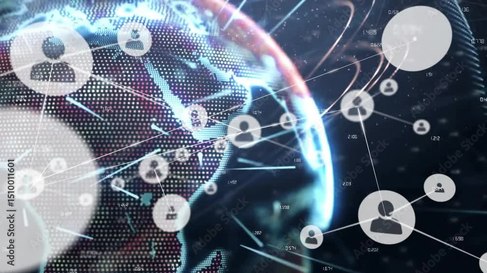 Poster on start rotating holographic globe displaying dots, user icons emerging connecting network growth