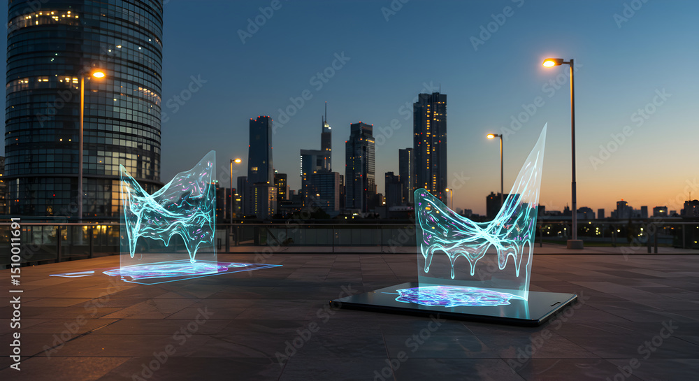 Poster augmented reality transforms urban landscape with futuristic data visualization interface