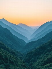 Fototapeta premium Green Mountains Under Sunrise Light with Objects in Nature