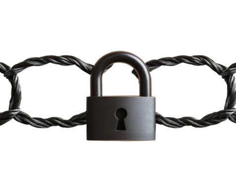 Black padlock securing a twisted metal cable chain on white background