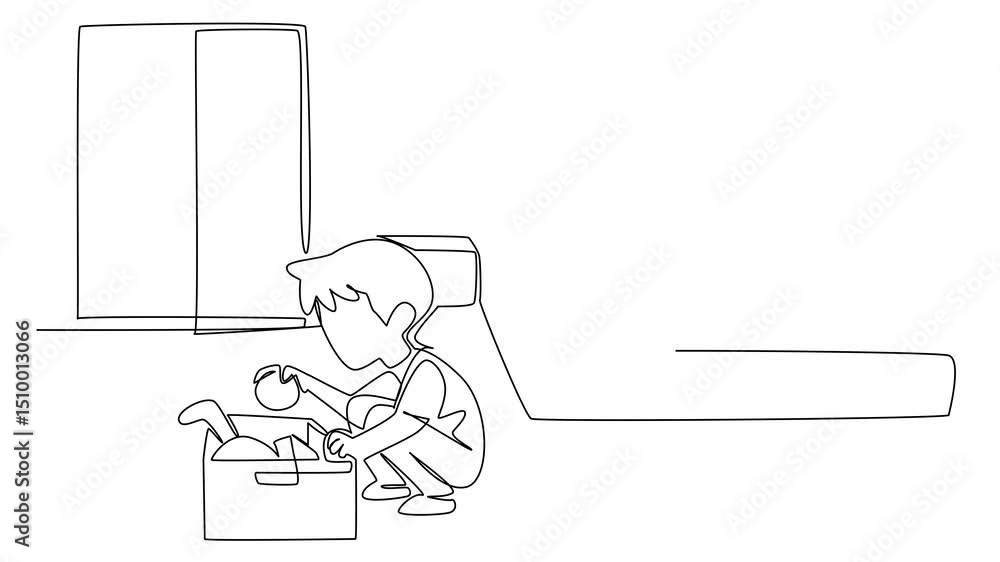 Poster animation of single one line drawing a man accompanies 2 boys experimenting with measuring cups. lea