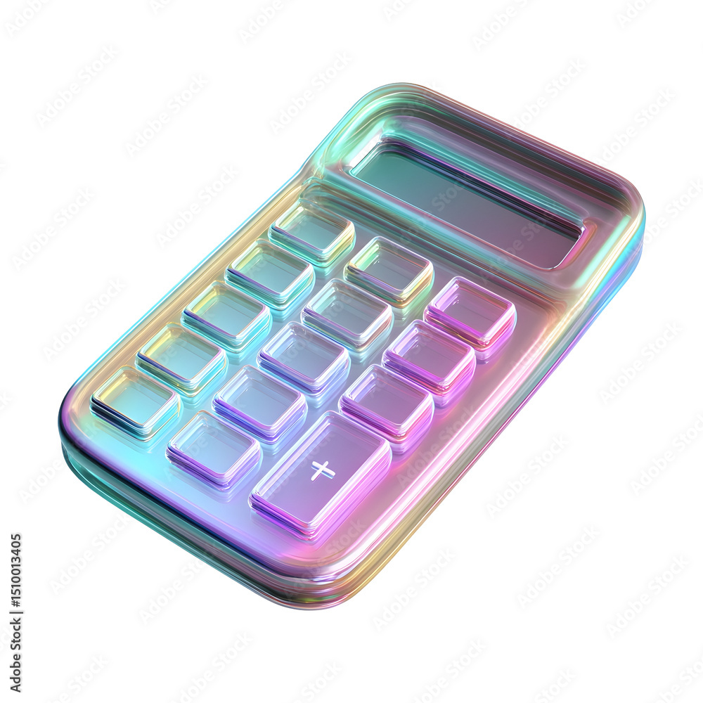 Poster a visually striking 3d rendered calculator icon with a neon glow iridescent metallic finish and past