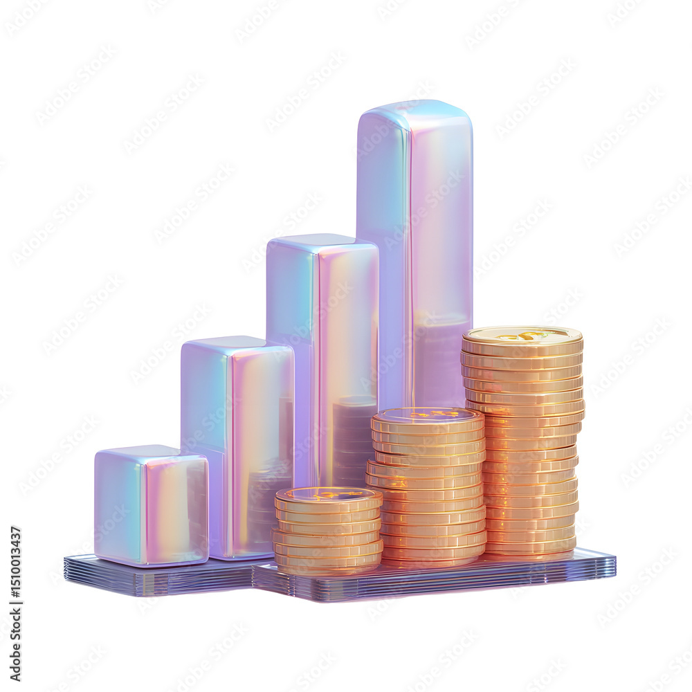 Poster iridescent 3d charts and graphs depicting financial growth wealth and business success set on a tran