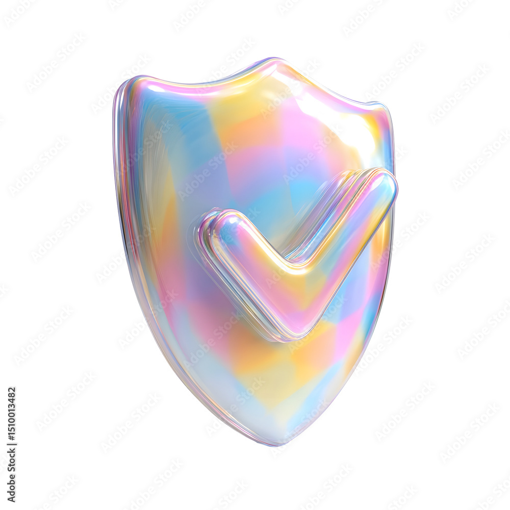 Aufkleber Glossy transparent 3D shield icon with a vibrant iridescent color palette symbolizing security protection and approval