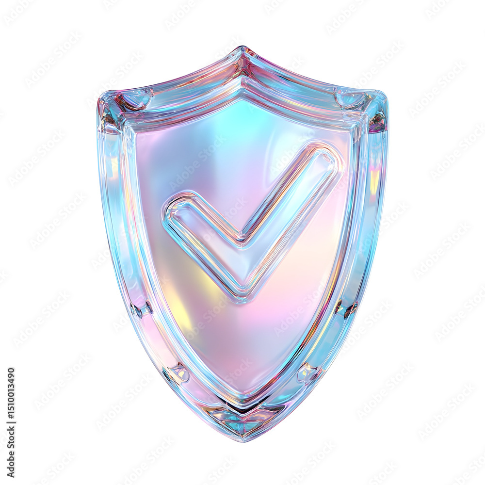 Poster striking iridescent 3d shield icon with a transparent ethereal appearance representing security vali