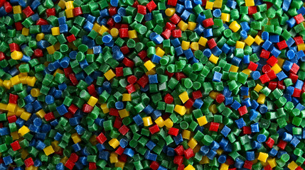 A colorful mix of plastic resin pellets creates a visually stimulating texture for manufacturing projects