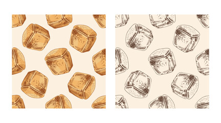 Hand drawn vintage seamless pattern of loaf bread in brown ink engraving style, color and monochrome version