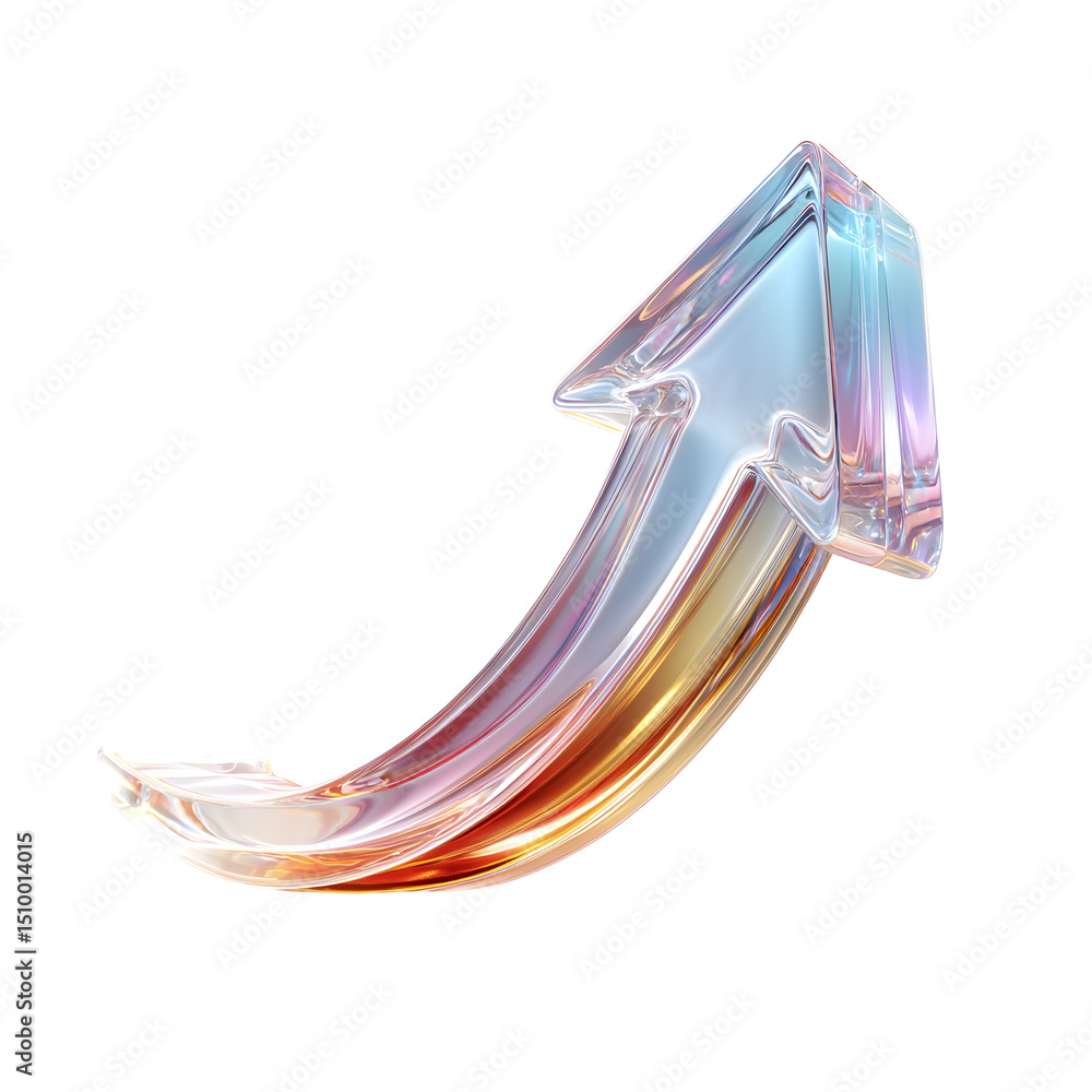 Poster vibrant iridescent 3d curved arrow icon symbolizing financial growth progress and potential for adva