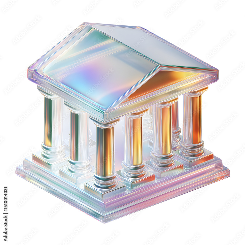 Poster futuristic and minimalist 3d of an iridescent metallic bank building icon representing a financial i