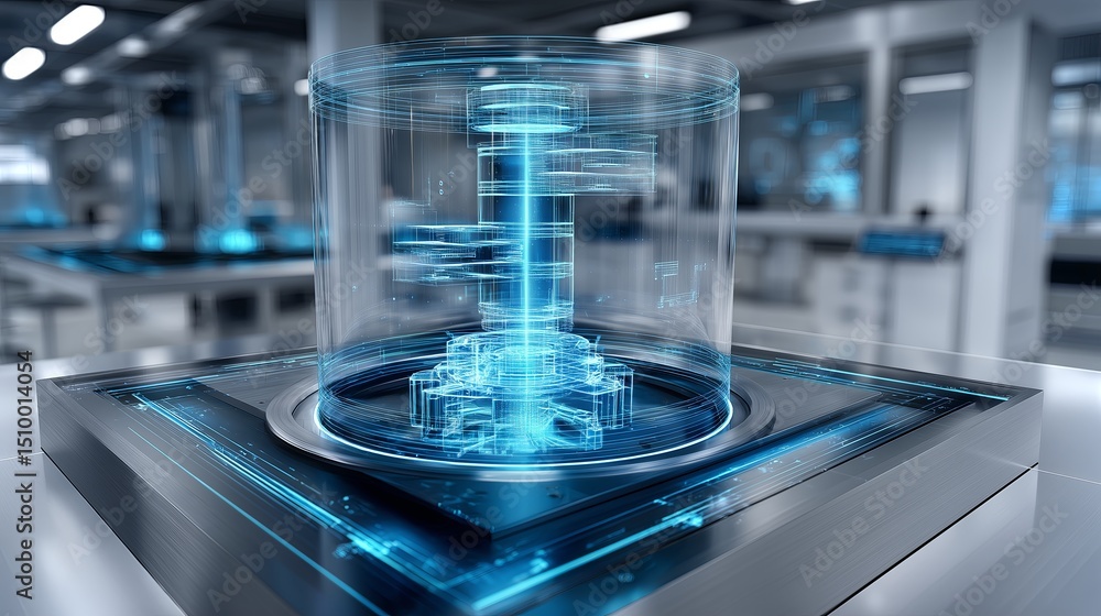 Poster futuristic research lab featuring advanced vertical-axis technology with ai integration
