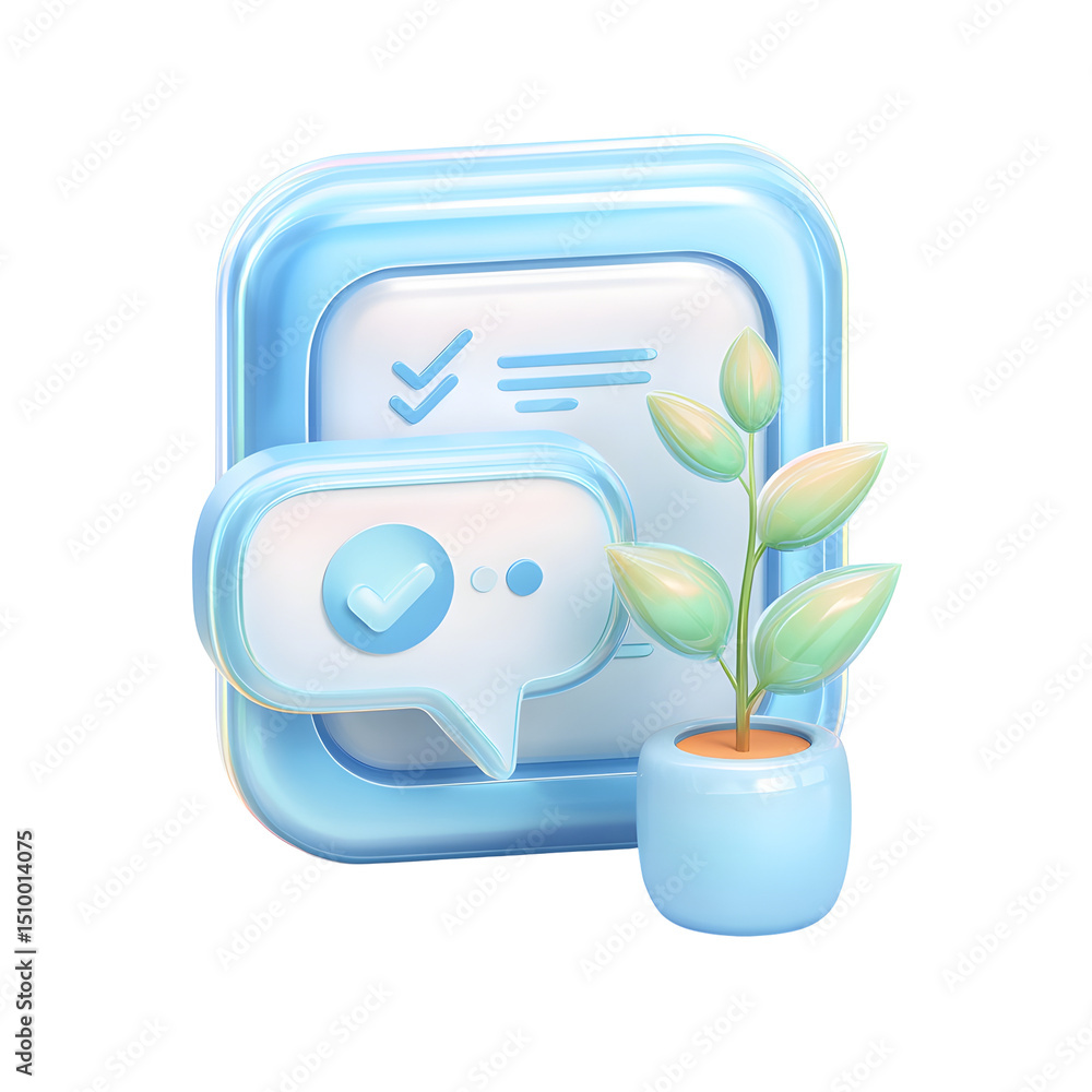 Poster A clean iridescent 3D render of a mobile checklist app icon featuring a task list chat bubble and a plant representing productivity and task management