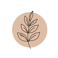 Minimalistic leaf branch illustration on a beige circle, nature concept