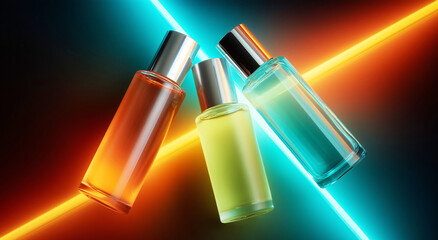 Obraz premium Three stylish bottles of serum are arranged against a backdrop of vibrant colored lighting. The containers reflect a modern aesthetic, focusing on beauty and youthfulness through their contents.