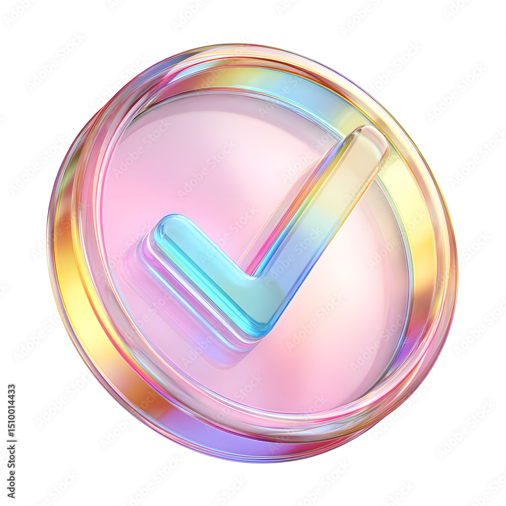 Leinwandbilder A captivating and eye catching 3D checkmark icon rendered in vibrant pastel colors floating on a glossy round button with a soft ethereal glow and lighting