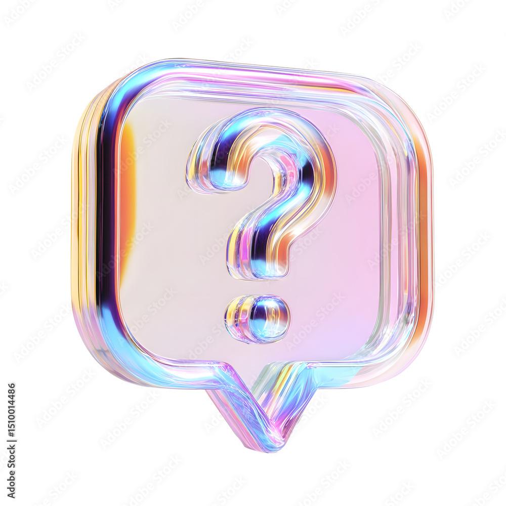Poster Vibrant iridescent 3D question mark icon floating in a transparent speech bubble symbolizing help knowledge and curiosity on a soft white background