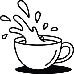 Coffee Splash Line Art, Black and White Cup Illustration.