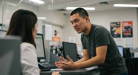 Obraz premium Frustrated Customer Complaining to Service Representative in Office Setting