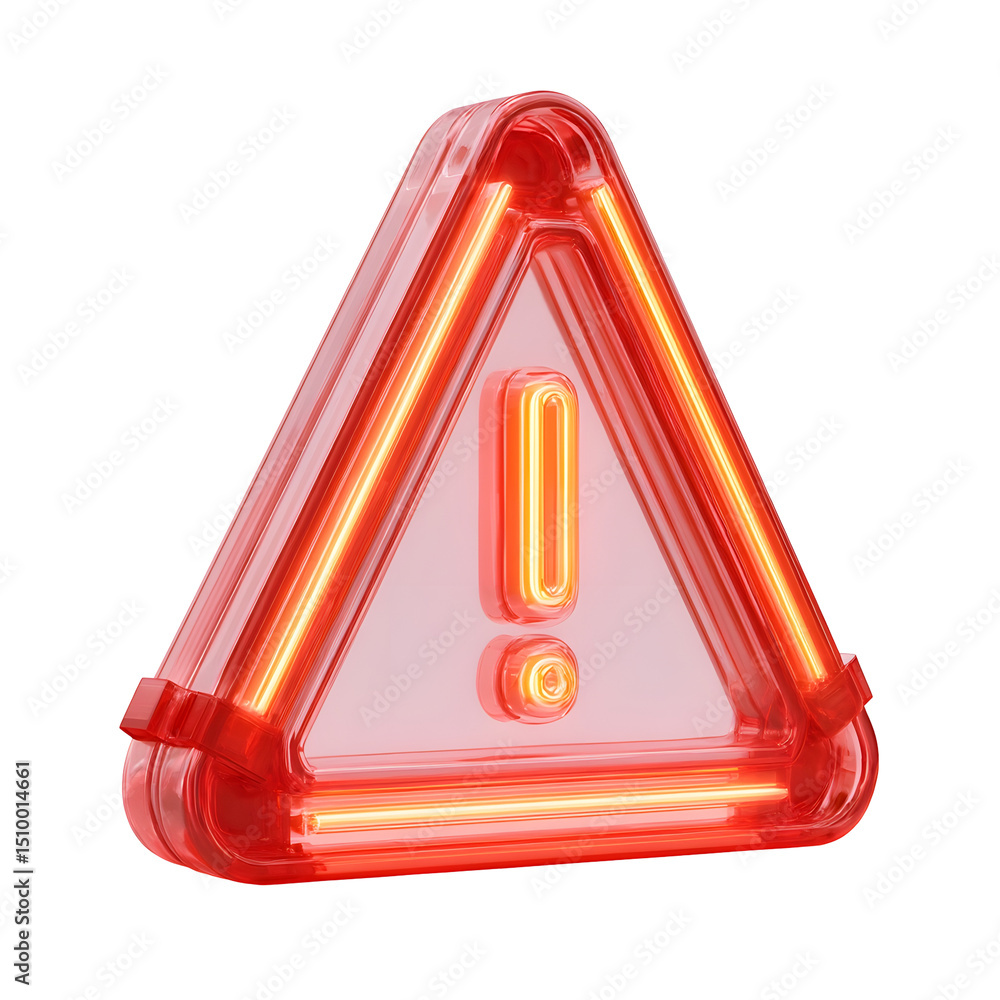 Poster A vibrant translucent 3D warning icon in the shape of a triangle featuring a glowing exclamation mark symbol in the center against a clean white background