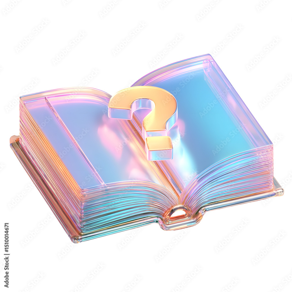 Poster Vibrant and transparent 3D rendering of an open book with a glowing question mark icon symbolizing curiosity discovery and the pursuit of knowledge and learning