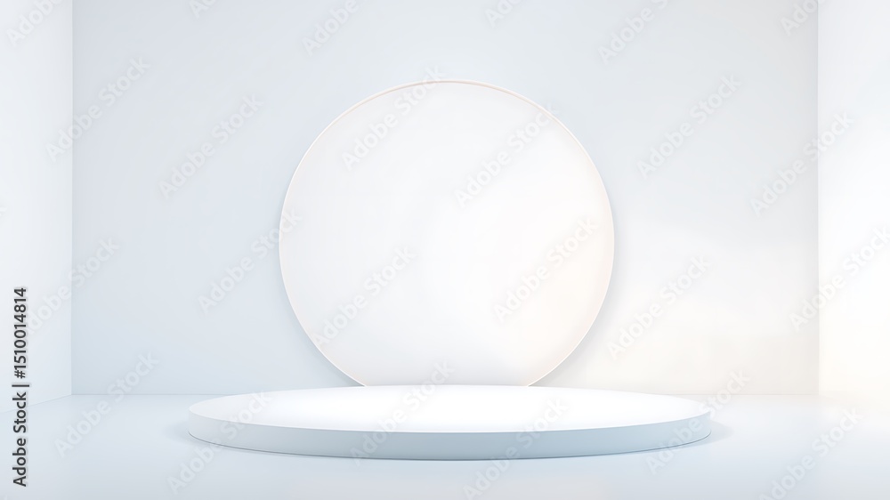 Poster minimalist white studio scene with circular platform and backdrop