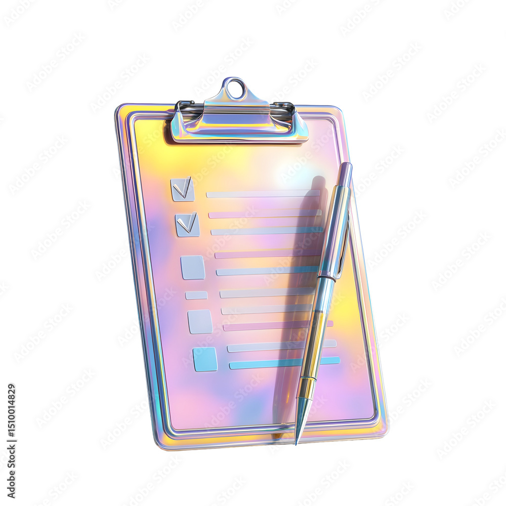 Fototapete Sleek and modern iridescent 3D clipboard with a checklist form and checkboxes designed for organizing and tracking business tasks and reports