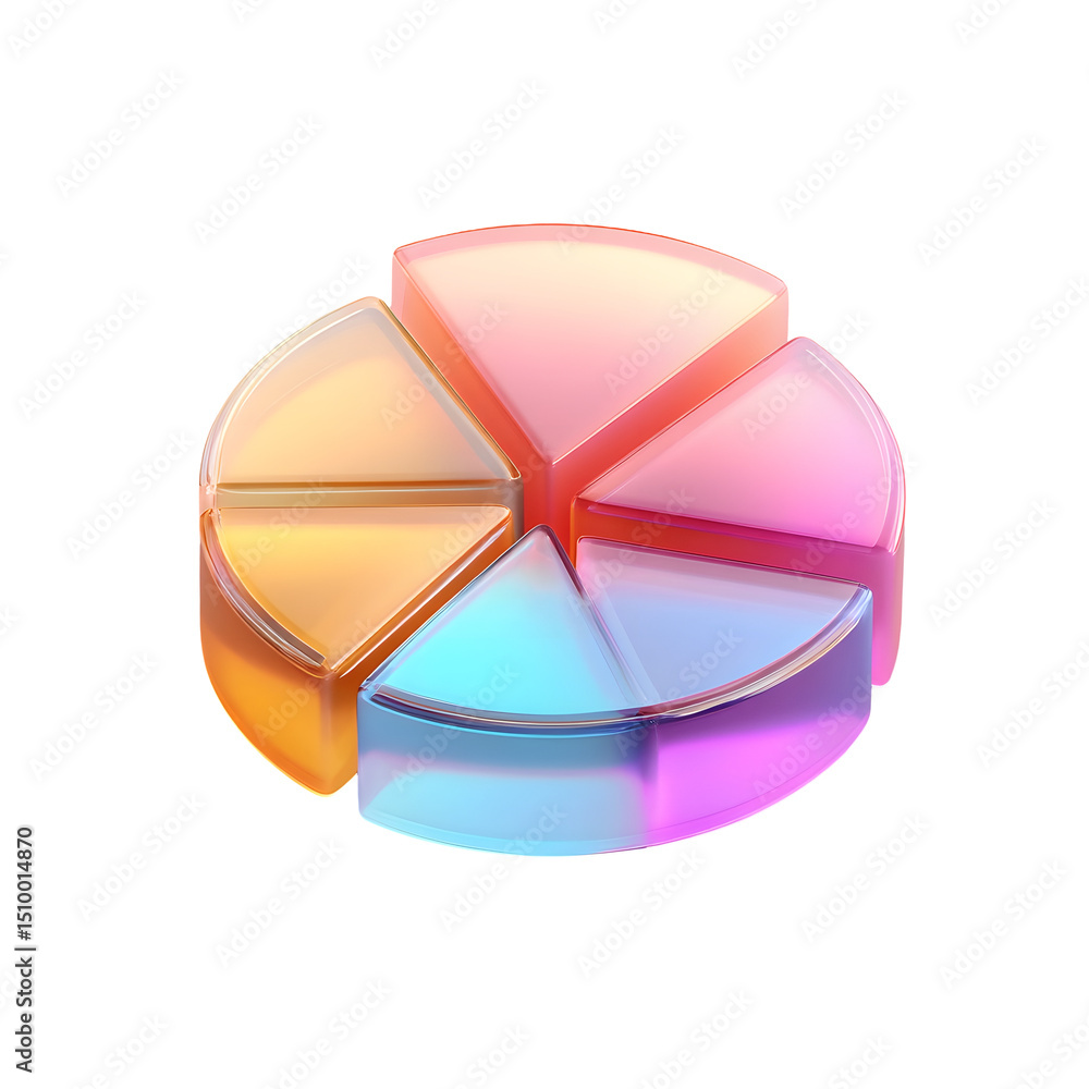 Poster Vibrant multi colored 3D pie chart icon with transparent iridescent slices displaying percentage labels