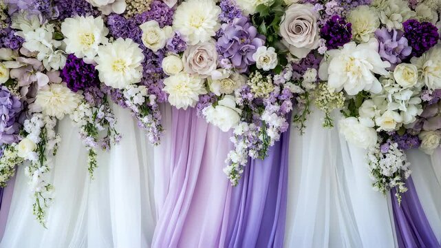 Exquisite floral arrangement featuring dahlias, roses and hydrangeas cascading over sheer white and lavender drapery backdrop
