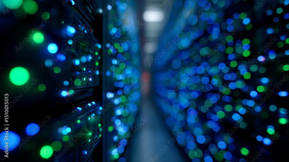 Poster Rows of data center servers display a captivating array of blinking lights, creating an atmosphere of activity and efficiency. The vibrant colors indicate robust processing and data transfer