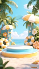 Obraz premium Tropical Summer Beach Paradise 3D Render of Idyllic Vacation Scene with Colorful Umbrellas, Inflatable Rings, and Platform