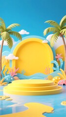 Vibrant Summer Beach Scene 3D Render of Tropical Paradise Display Stand, Ideal for Product Showcase, Summer Promotion, or Tropical Themed Designs.