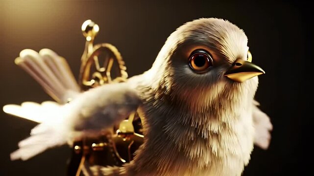 Mechanical Bird with Golden Gears and Intricate Details on Dark Background