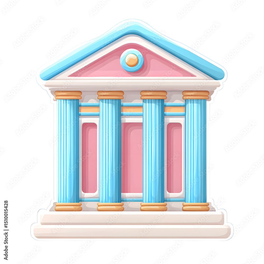 Poster minimalist and geometric pink and blue bank building icon with metallic columns symbolizing digital 
