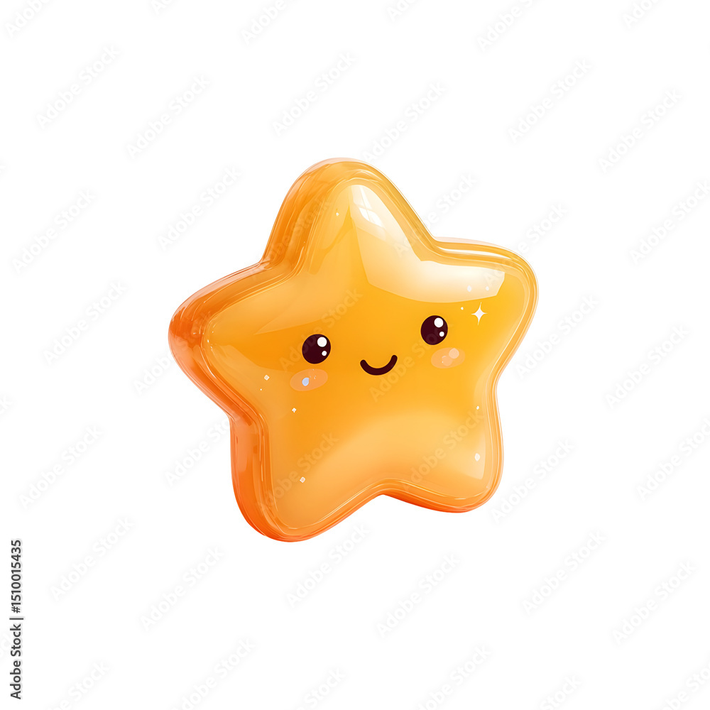 Poster Cheerful and stylized glossy star icon with a smiling expression against a transparent background