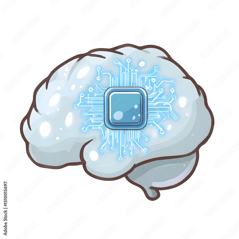 Fototapete Sleek flat design sticker style icon depicting a brain shape with a central chip symbolizing the of intelligence and neural network technology