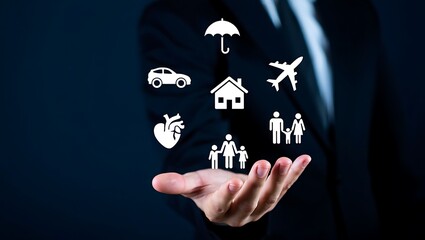 Insurance concept with hand holding icons representing different types of coverage such as health, life, family, car, home, and travel