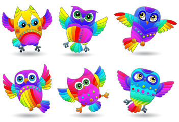 A set of illustrations in the style of stained glass with bright cartoon owls, animals isolated on a white background