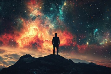 Fototapeta premium Man standing on mountain observing space galaxy in abstract background, man stand on space galaxy abstract Photo background ing scenery live wallpaper quality