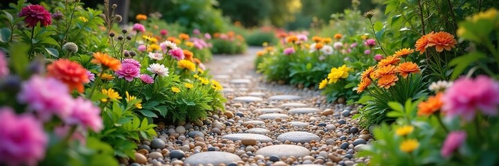 A winding garden path is beautifully decorated with colorful flowers, pebbles, and charming garden ornaments, creating a whimsical and inviting walkway , decorative path, outdoor design