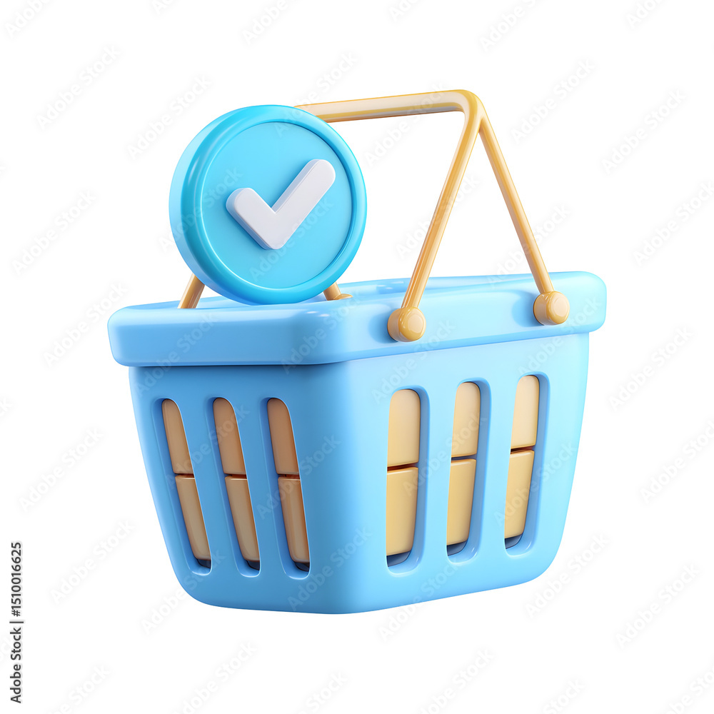 Fototapete Minimalist 3D render of a blue shopping basket or cart with a checkmark icon representing purchase confirmation or customer satisfaction
