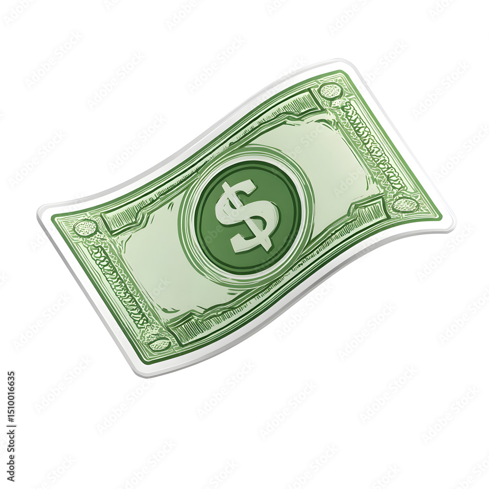 Fototapete curved green dollar bill icon in a flat sticker like design isolated on a white background with a tr