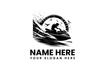 A dynamic vector logo jet ski stencil art with a powerful splash effect