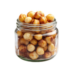 Roasted macadamia nuts in glass jar, showcasing their golden brown color and crunchy texture, create inviting and delicious snack option. natural light enhances their appeal