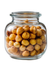 Roasted macadamia nuts are displayed in clear glass jar, showcasing their golden brown color and smooth texture. jar adds rustic charm, making it appealing snack option
