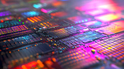 Obraz premium Close-up of semiconductor manufacturing with precision machinery and microchips, symbolizing advanced technology and electronics production.